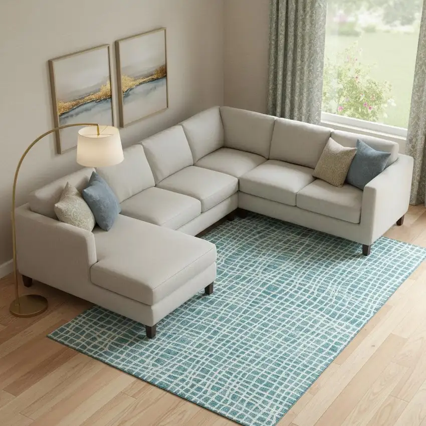 Teal And Ivory Striped Washable Area Rug With UV Protection Photo 1