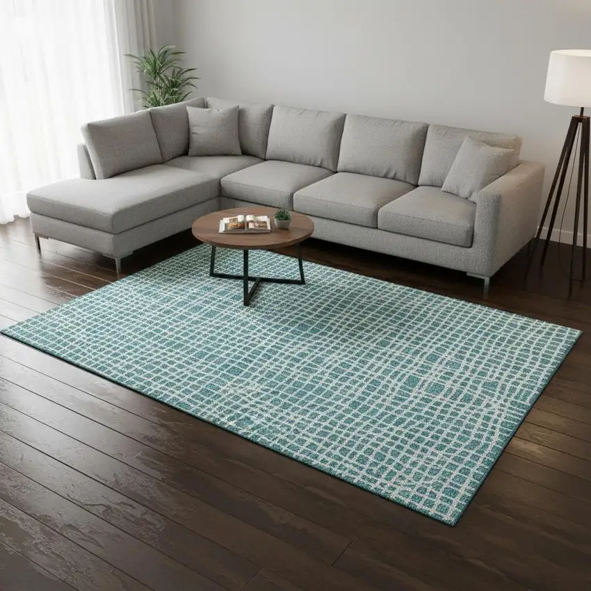 Teal And Ivory Striped Washable Area Rug With UV Protection Photo 2