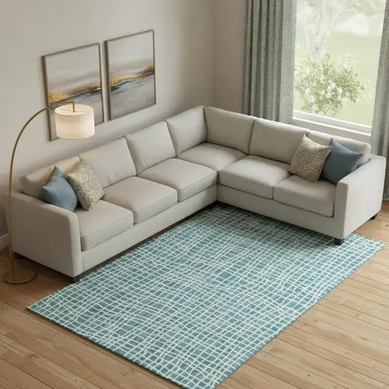 Teal And Ivory Striped Washable Area Rug With UV Protection Photo 1