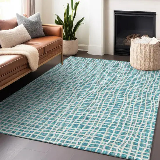 Teal And Ivory Striped Washable Area Rug With UV Protection Photo 6