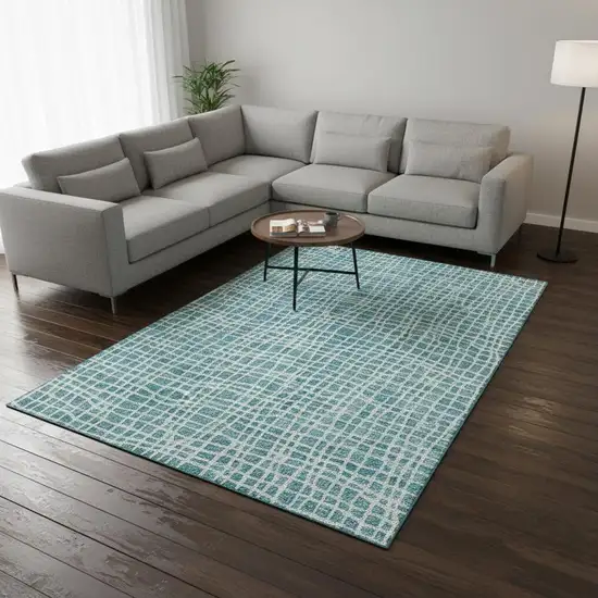 Teal And Ivory Striped Washable Area Rug With UV Protection Photo 2