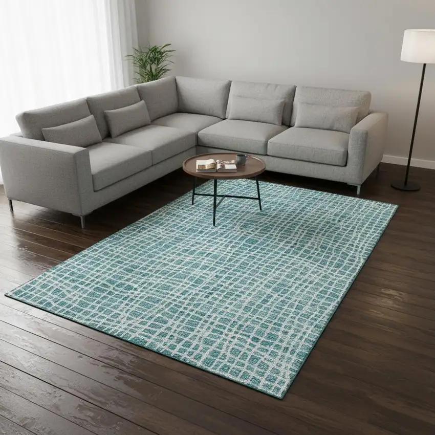 Teal And Ivory Striped Washable Area Rug With UV Protection Photo 2