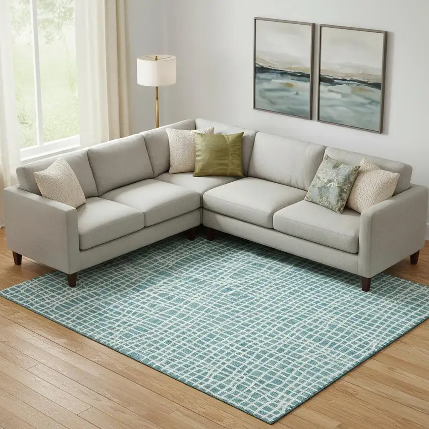 Teal And Ivory Striped Washable Area Rug With UV Protection Photo 1