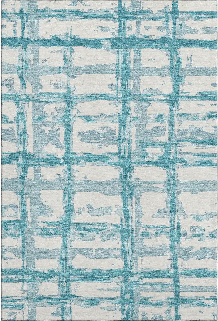 Teal And Ivory Striped Washable Area Rug With UV Protection Photo 1