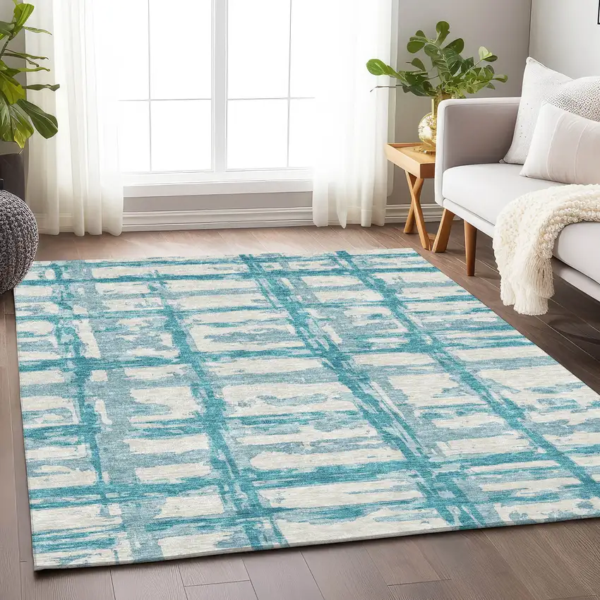 Teal And Ivory Striped Washable Area Rug With UV Protection Photo 4