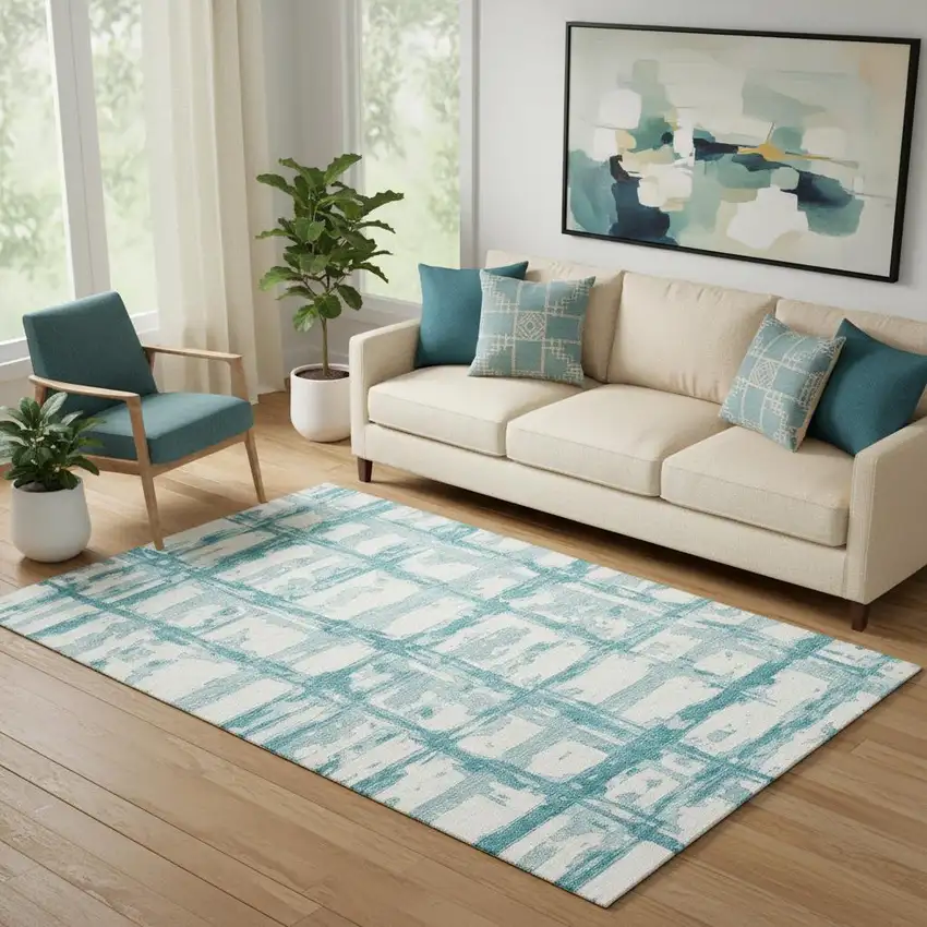 Teal And Ivory Striped Washable Area Rug With UV Protection Photo 1
