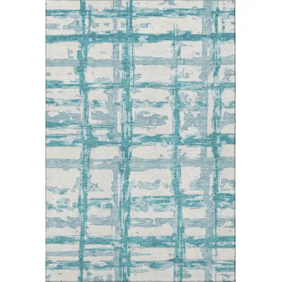 Teal And Ivory Striped Washable Area Rug With UV Protection Photo 4