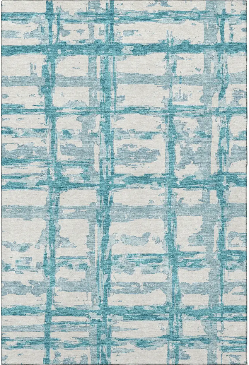Teal And Ivory Striped Washable Area Rug With UV Protection Photo 4