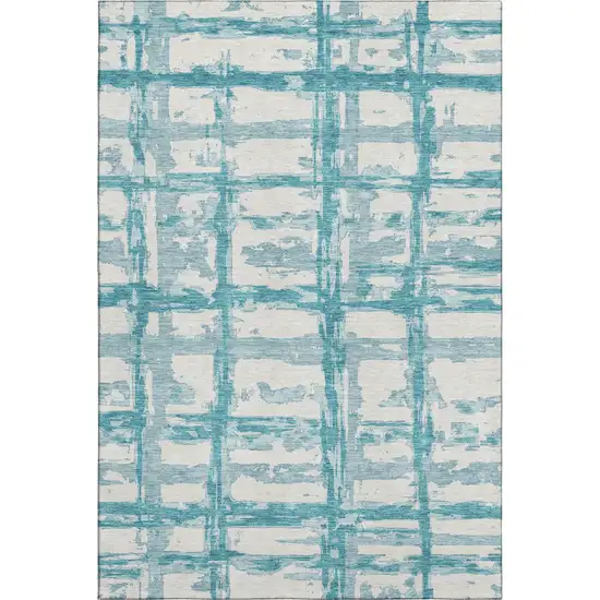 Teal And Ivory Striped Washable Area Rug With UV Protection Photo 1