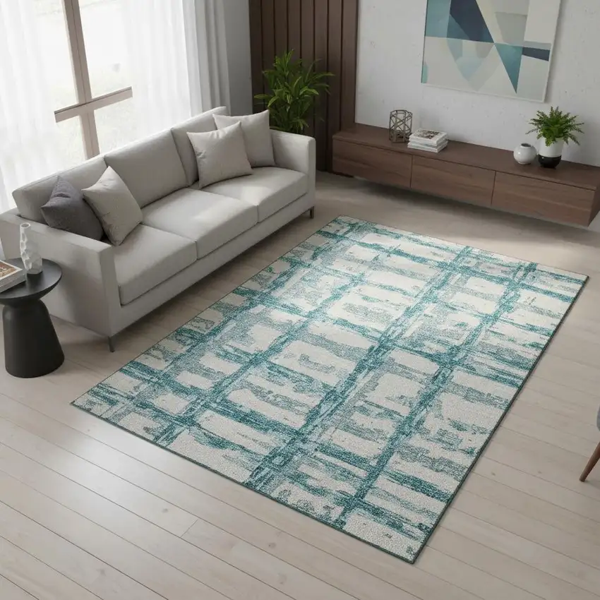 Teal And Ivory Striped Washable Area Rug With UV Protection Photo 2