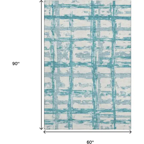 Teal And Ivory Striped Washable Area Rug With UV Protection Photo 3