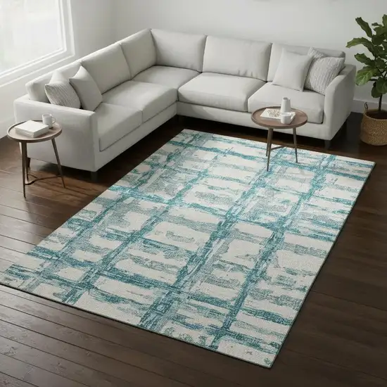 Teal And Ivory Striped Washable Area Rug With UV Protection Photo 2