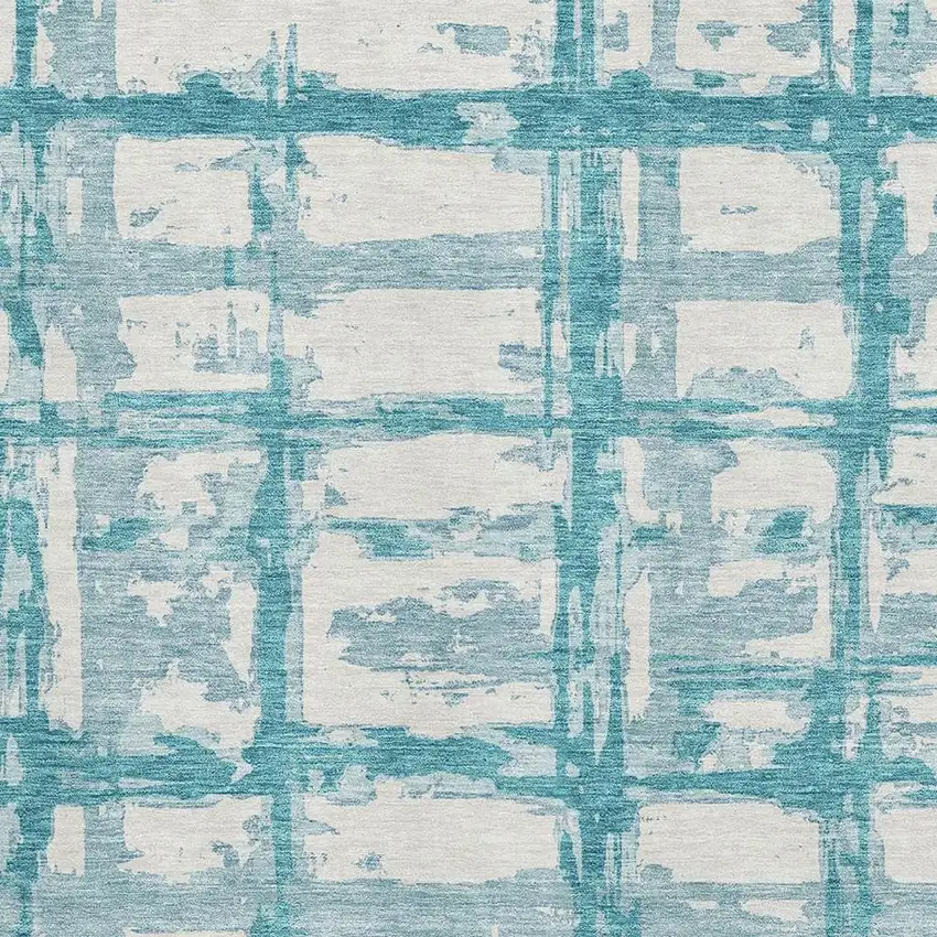 Teal And Ivory Striped Washable Area Rug With UV Protection Photo 3