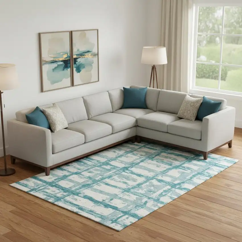 Teal And Ivory Striped Washable Area Rug With UV Protection Photo 1