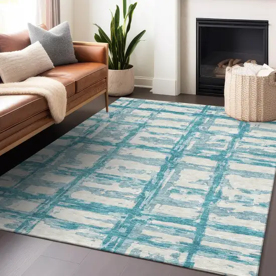 Teal And Ivory Striped Washable Area Rug With UV Protection Photo 6