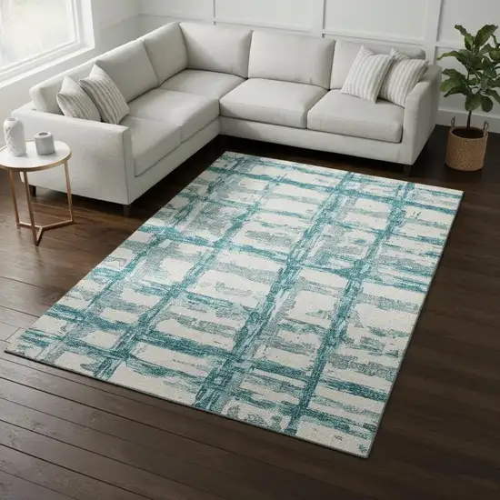 Teal And Ivory Striped Washable Area Rug With UV Protection Photo 2