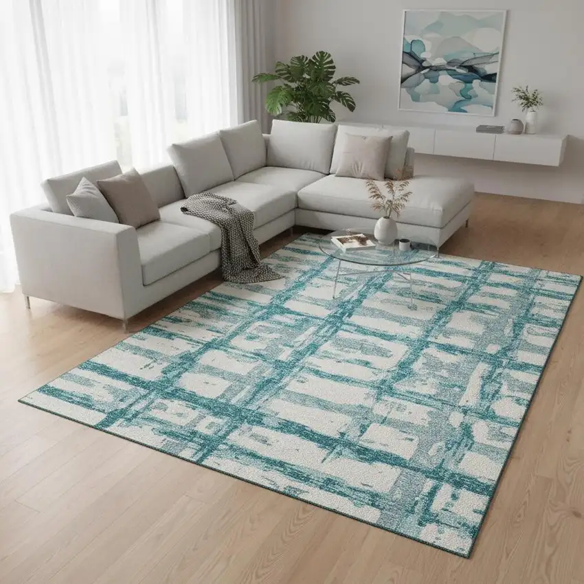 Teal And Ivory Striped Washable Area Rug With UV Protection Photo 2