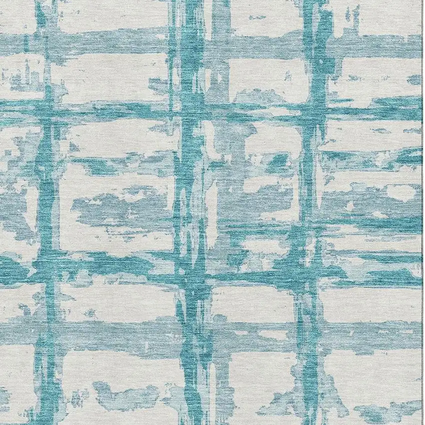 Teal And Ivory Striped Washable Area Rug With UV Protection Photo 3