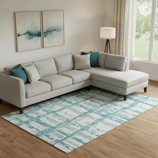 Teal And Ivory Striped Washable Area Rug With UV Protection Photo 1