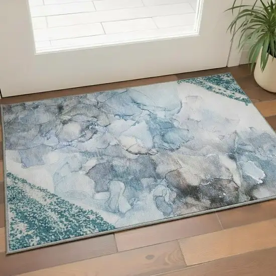 Teal And Ivory Striped Washable Area Rug With UV Protection Photo 2