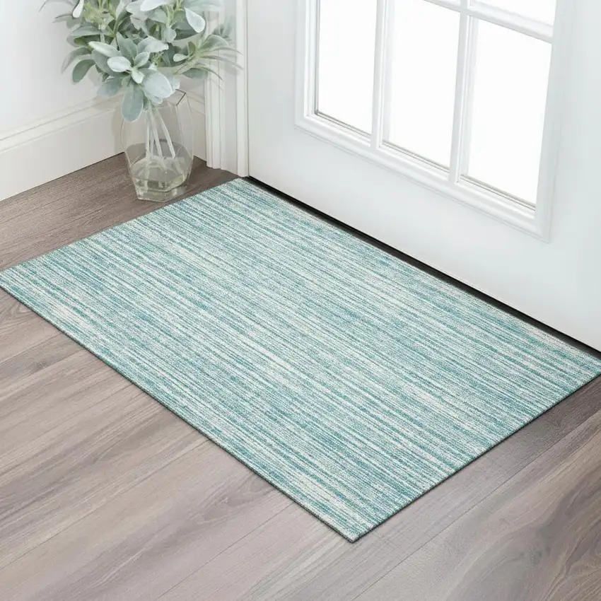 Teal And Ivory Striped Washable Area Rug With UV Protection Photo 1
