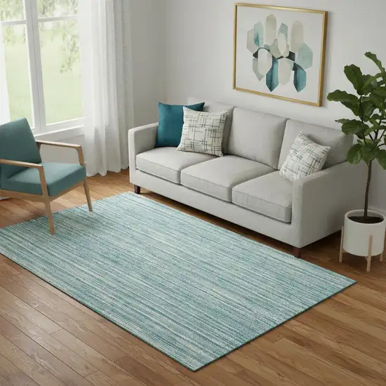 Teal And Ivory Striped Washable Area Rug With UV Protection Photo 1