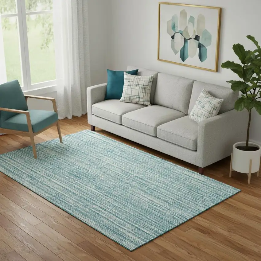 Teal And Ivory Striped Washable Area Rug With UV Protection Photo 1