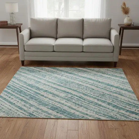 Teal And Ivory Striped Washable Area Rug With UV Protection Photo 2