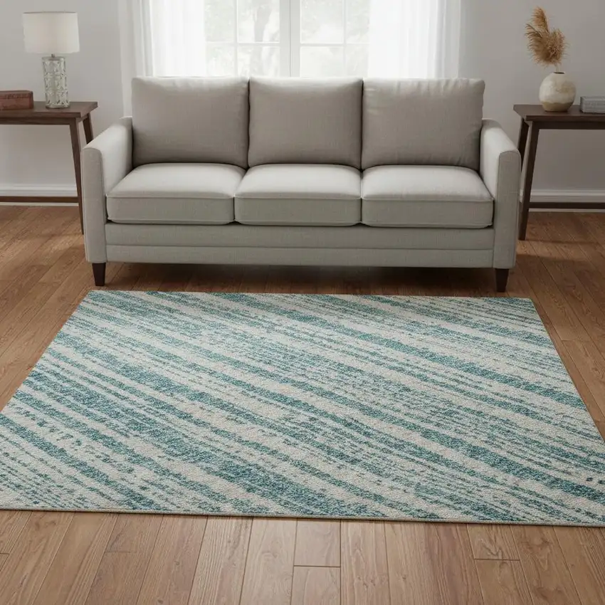 Teal And Ivory Striped Washable Area Rug With UV Protection Photo 2