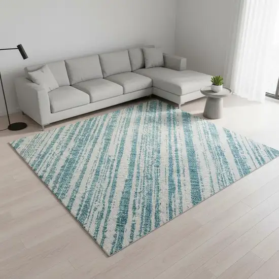 Teal And Ivory Striped Washable Area Rug With UV Protection Photo 2