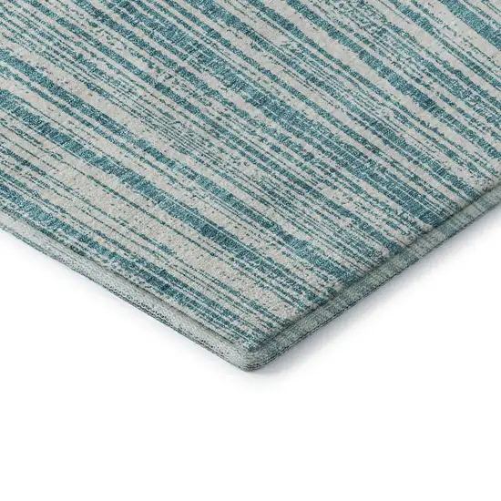 Teal And Ivory Striped Washable Area Rug With UV Protection Photo 9