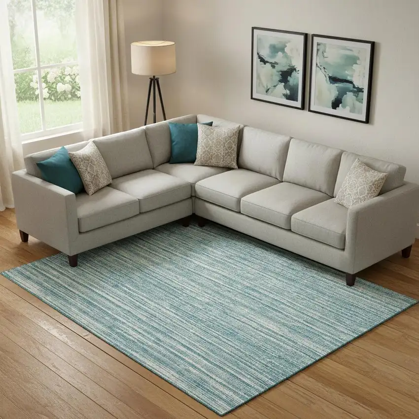 Teal And Ivory Striped Washable Area Rug With UV Protection Photo 1