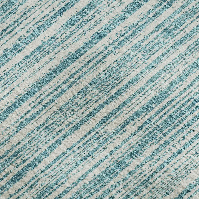 Teal And Ivory Striped Washable Area Rug With UV Protection Photo 4