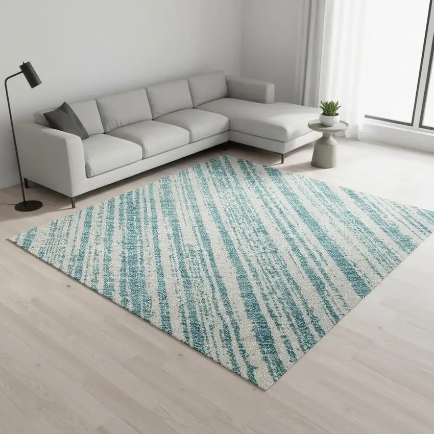 Teal And Ivory Striped Washable Area Rug With UV Protection Photo 2