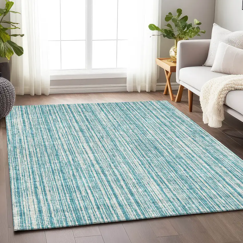 Teal And Ivory Striped Washable Area Rug With UV Protection Photo 5