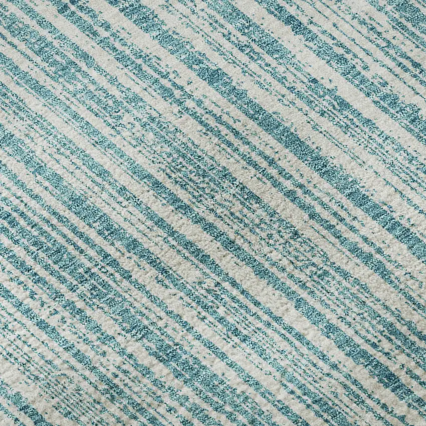 Teal And Ivory Striped Washable Area Rug With UV Protection Photo 1