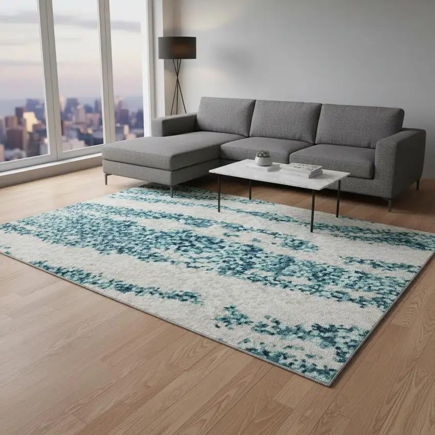 Teal And Ivory Striped Washable Area Rug With UV Protection Photo 2