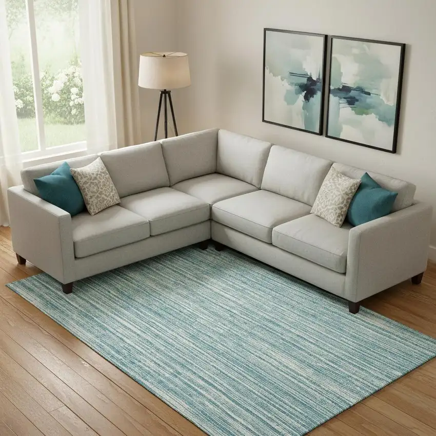 Teal And Ivory Striped Washable Area Rug With UV Protection Photo 1