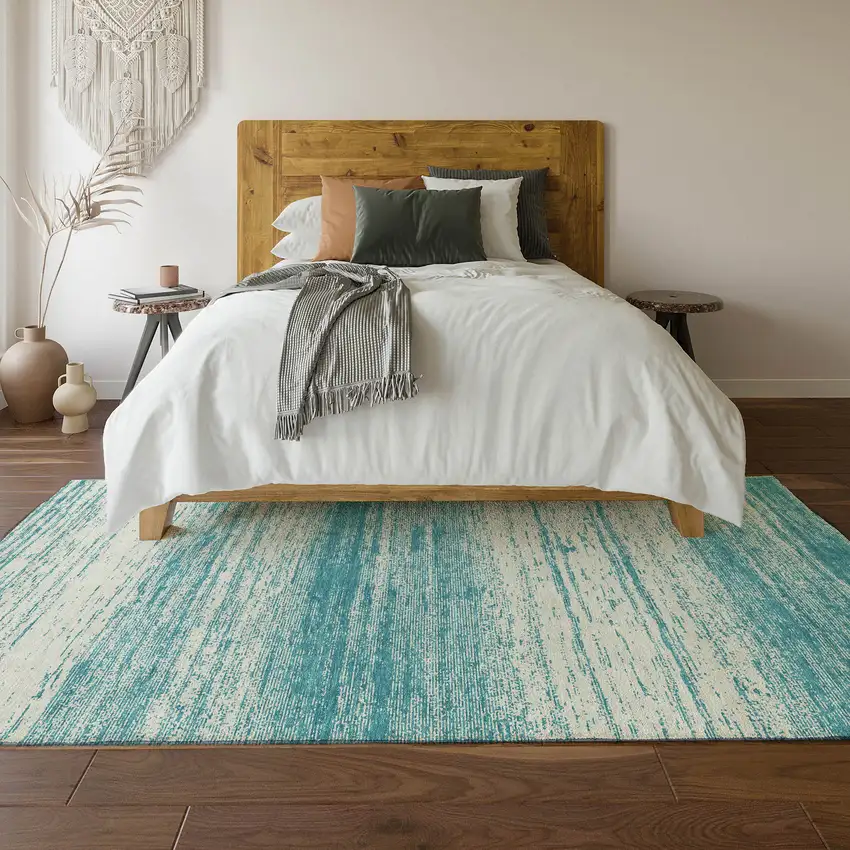 Teal And Ivory Striped Washable Area Rug With UV Protection Photo 5