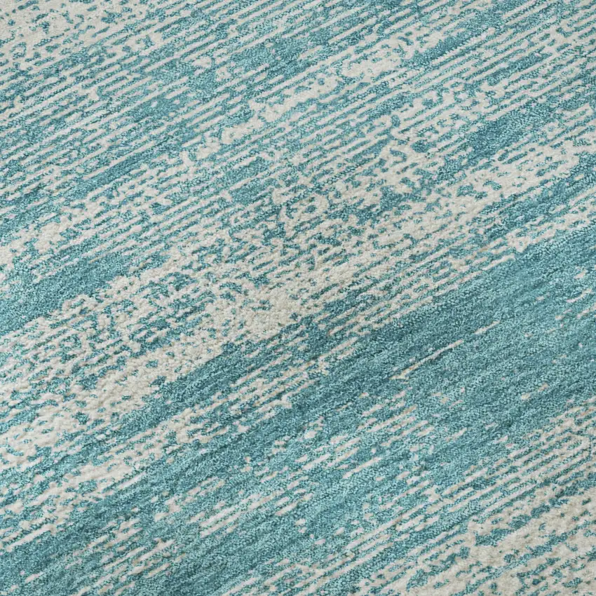 Teal And Ivory Striped Washable Area Rug With UV Protection Photo 1