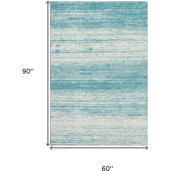 Teal And Ivory Striped Washable Area Rug With UV Protection Photo 3