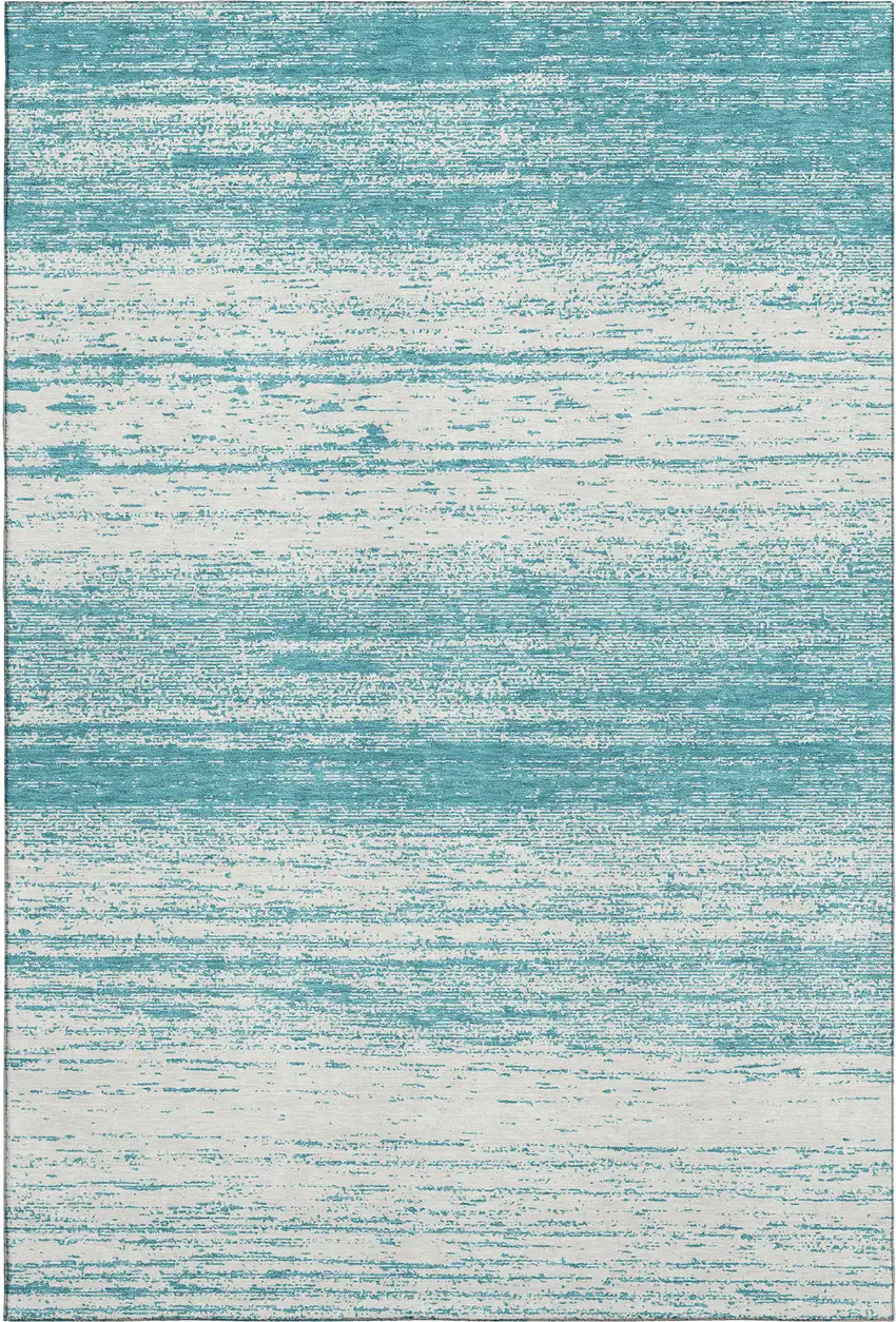 Teal And Ivory Striped Washable Area Rug With UV Protection Photo 7