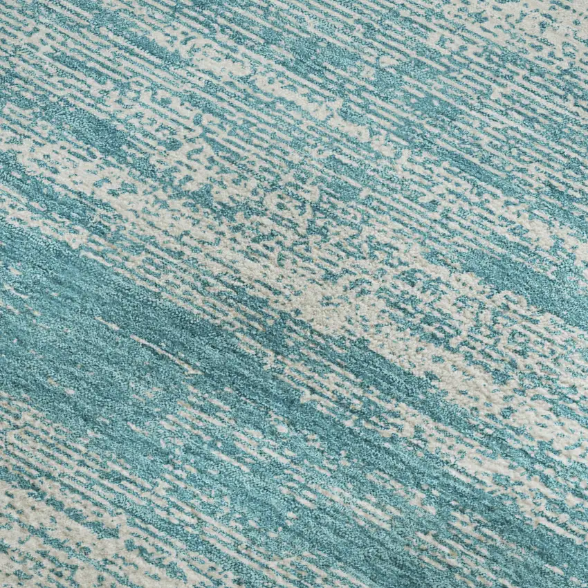 Teal And Ivory Striped Washable Area Rug With UV Protection Photo 4