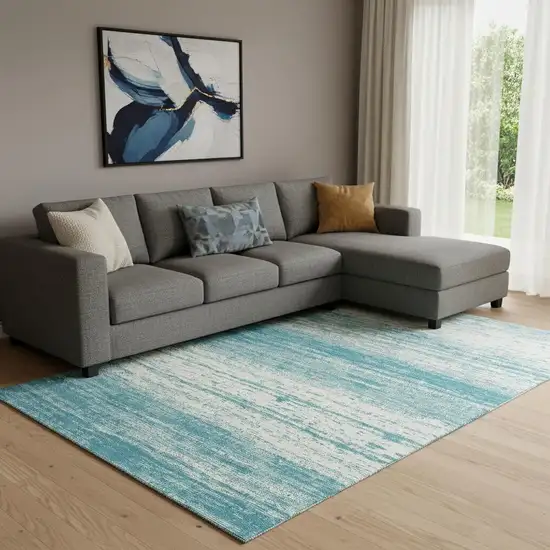 Teal And Ivory Striped Washable Area Rug With UV Protection Photo 1