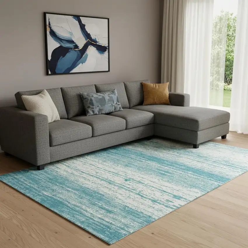 Teal And Ivory Striped Washable Area Rug With UV Protection Photo 1