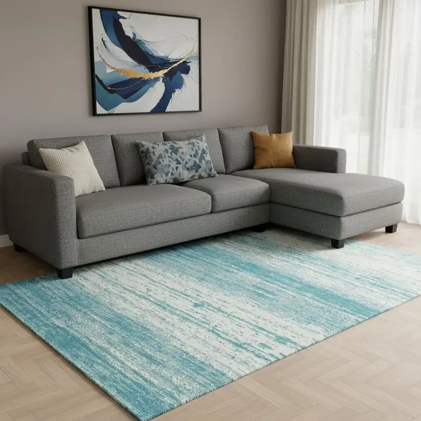 Teal And Ivory Striped Washable Area Rug With UV Protection Photo 1