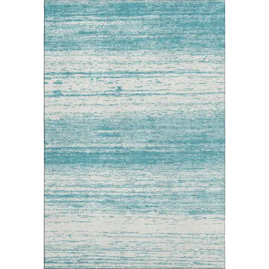 Teal And Ivory Striped Washable Area Rug With UV Protection Photo 6