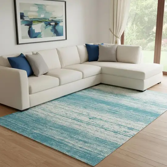 Teal And Ivory Striped Washable Area Rug With UV Protection Photo 1