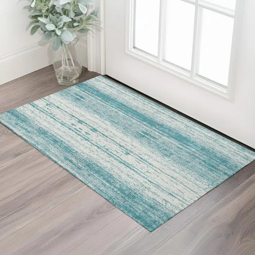 Teal And Ivory Striped Washable Area Rug With UV Protection Photo 1