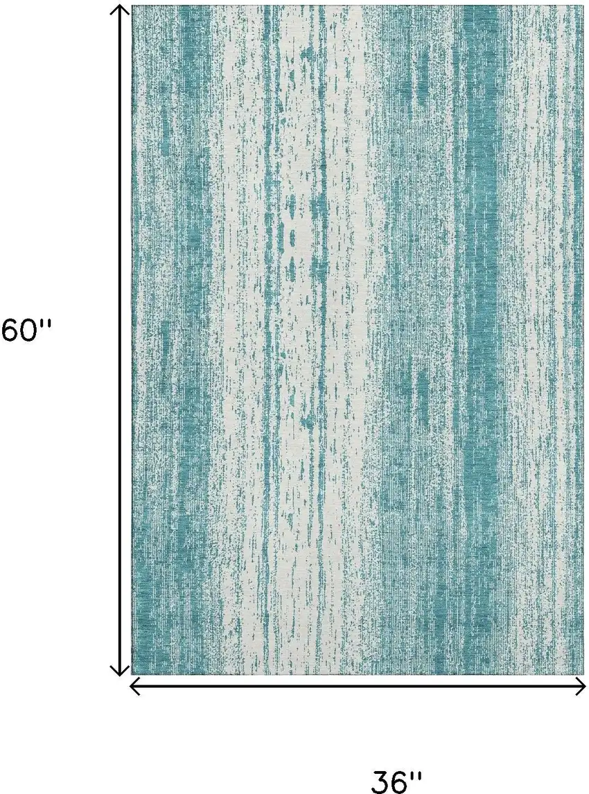 Teal And Ivory Striped Washable Area Rug With UV Protection Photo 3